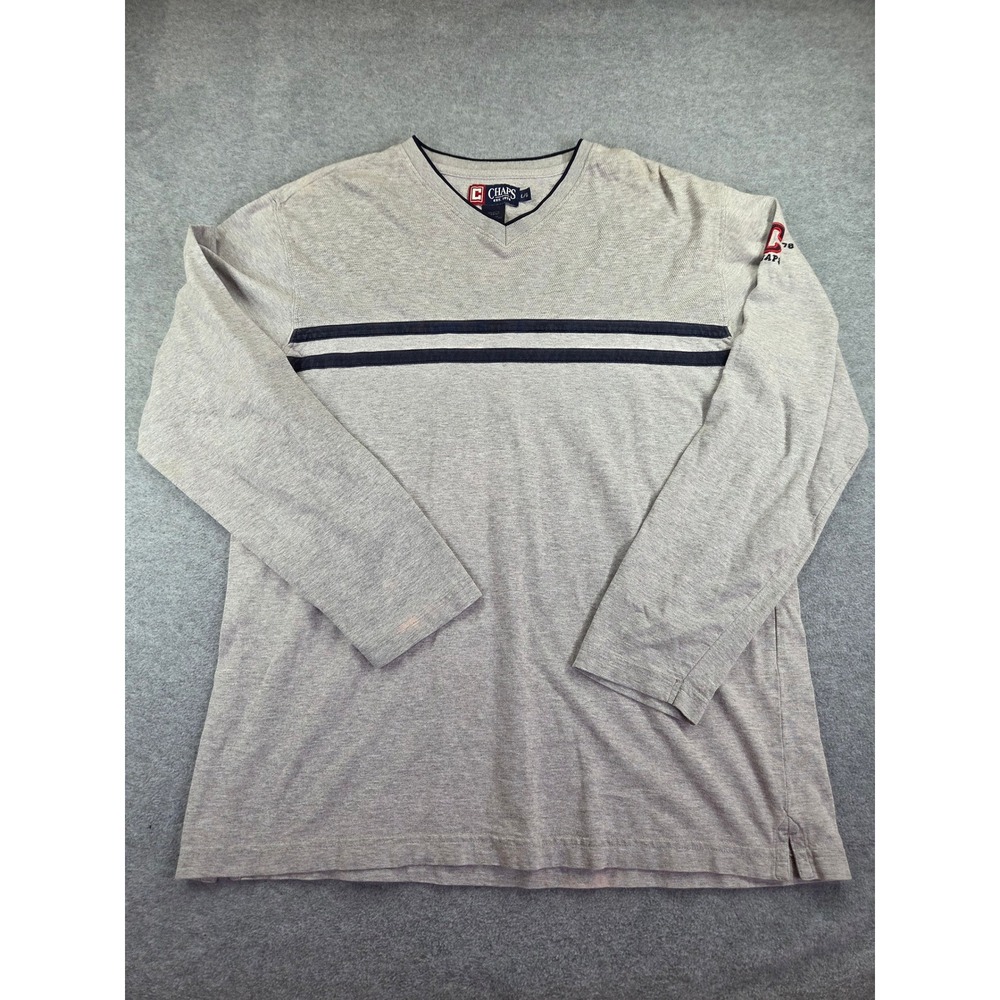 Y2K/90s Chaps Long Sleeve T-Shirt Mens Large Gray V-Neck Striped Logo Casual Tee